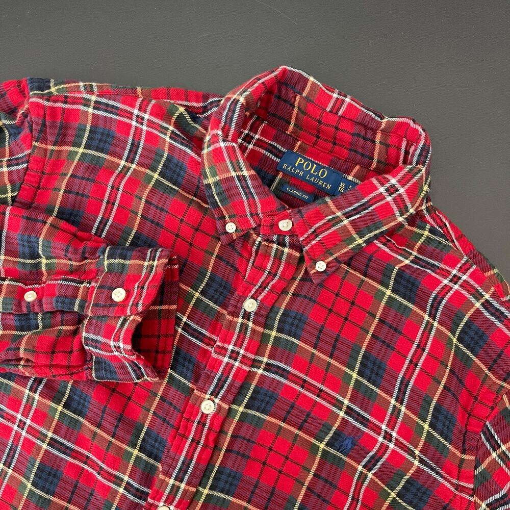 Polo Ralph Laurenβ Flannel Shirt Mens XL Red Plaid Classic Fit Double Faced Pony